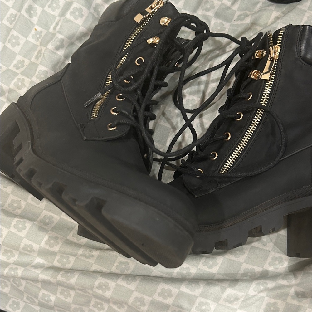 Black Combat Boots with Gold Zippers